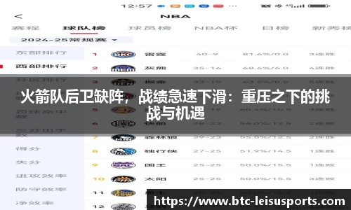 火箭队后卫缺阵,战绩急速下滑:重压之下的挑战与机遇